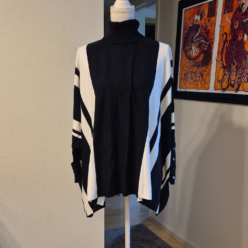 Alfani White & Black Verticle Striped Turtleneck